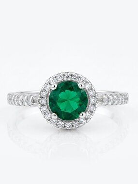 Round Emerald Green Gemstone Ring, 925 Sterling Silver Charmed Aroma